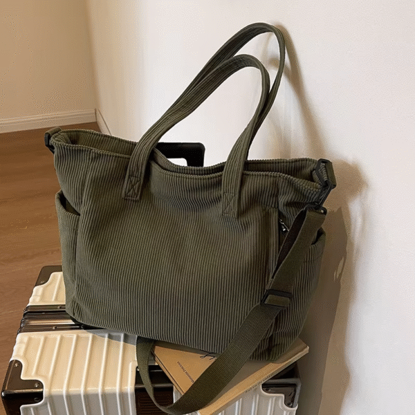 Fashionable Striped Velvet Handbag Simple Style Corduroy Shoulder Bag Solid Color Large Capacity Commuting Women’s Tote Bag